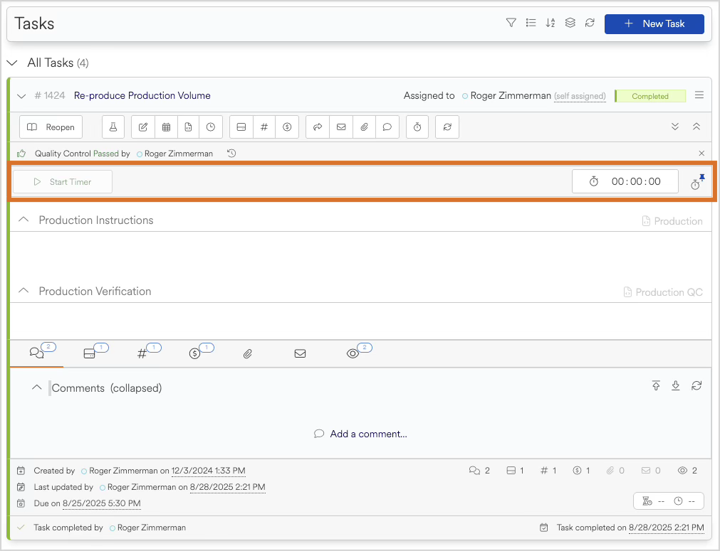Task management interface showing timer and task details for production volume.
